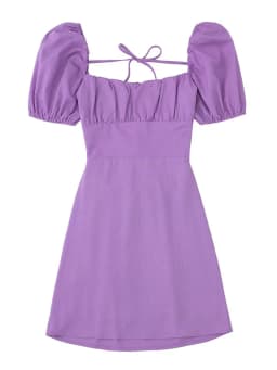 Women White Fashion Linen Blend Dress Female Square Neck Short Puff Sleeves Backless Crossover Straps Dress for Women's