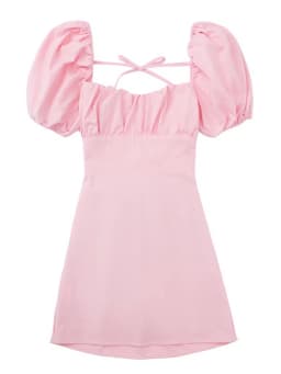Women White Fashion Linen Blend Dress Female Square Neck Short Puff Sleeves Backless Crossover Straps Dress for Women's