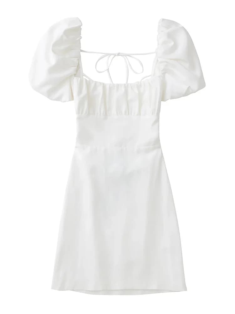 Women White Fashion Linen Blend Dress Female Square Neck Short Puff Sleeves Backless Crossover Straps Dress for Women's