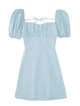 Women White Fashion Linen Blend Dress Female Square Neck Short Puff Sleeves Backless Crossover Straps Dress for Women's