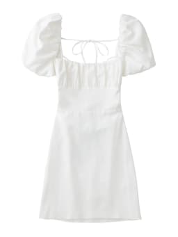 Women White Fashion Linen Blend Dress Female Square Neck Short Puff Sleeves Backless Crossover Straps Dress for Women's