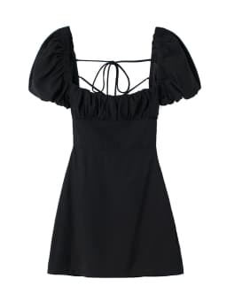 Women White Fashion Linen Blend Dress Female Square Neck Short Puff Sleeves Backless Crossover Straps Dress for Women's