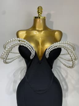 Women Luxury Designer Pearls V Neck Maxi Long Bandage Bodycon Dress Celebrity Evening Party Birthday Gowns Singer Stage Costumes
