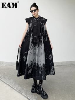 [EAM] Women Black Pattern Printed Big Size Midi Shirt Dress New Stand Collar Sleeveless Fashion Tide Spring Summer 2026 1DH5837