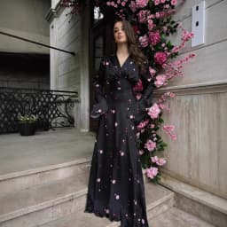 2025 Autumn Elegant Printed Satin Long Dress Women Slim Lace Up V-neck Full Sleeve Pleat Dresses Lady Party Evening Robes New