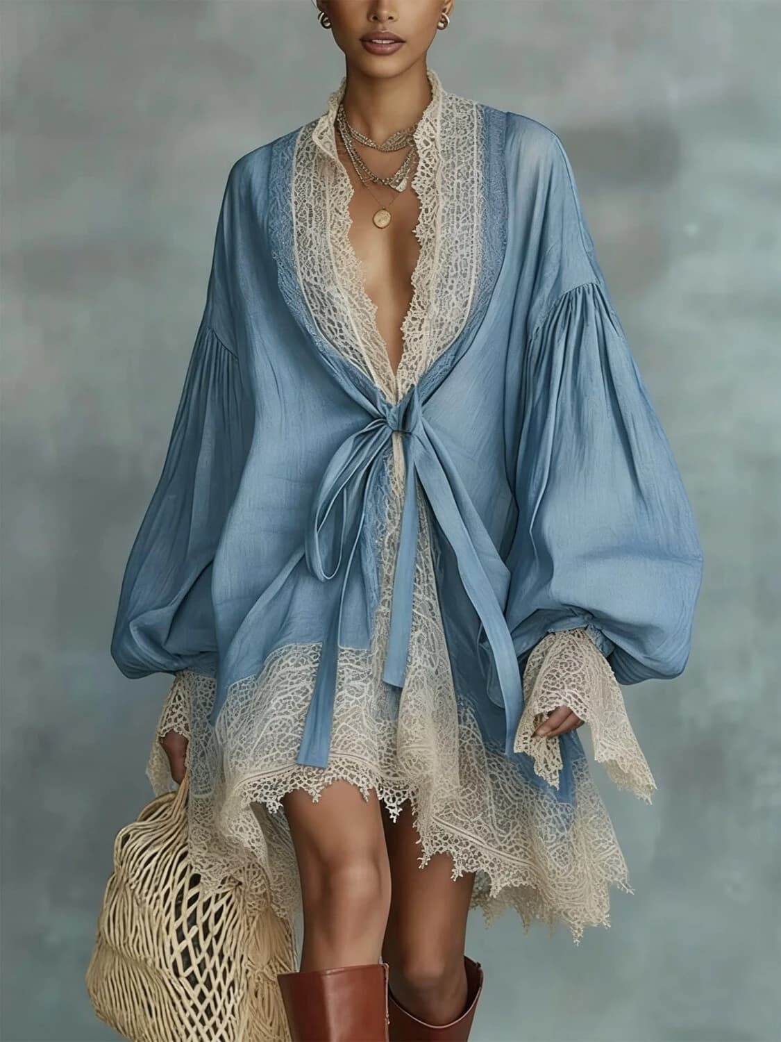 Elegant Blue Lace Trim Mini Dress Women V Neck Lace-up Waist Lantern Sleeve Oversized Boho Loose Vintage Casual Vacation Dresses