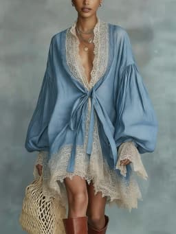Elegant Blue Lace Trim Mini Dress Women V Neck Lace-up Waist Lantern Sleeve Oversized Boho Loose Vintage Casual Vacation Dresses