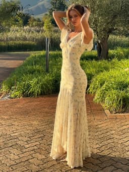 Y2k Floral Print Women's Long Dress Elegant Ruffle V-neck Cap Sleeve Summer Dresses 2026 Female Casual Vacation Party Outfit