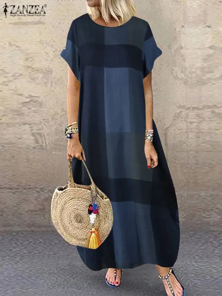 ZANZEA Bohemian Plaid Checked Sundress Summer Short Sleeve Long Dress Fashion Holiday Party Vestido Femme Casual Loose Robe 2025