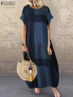ZANZEA Bohemian Plaid Checked Sundress Summer Short Sleeve Long Dress Fashion Holiday Party Vestido Femme Casual Loose Robe 2025