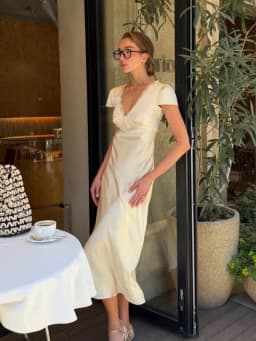 Chic Satin Lace Trim Midi Dress For Women Solid Patchwork Short Sleeve V-neck Summer Dresses 2026 Elegant Summer Holiday Gown