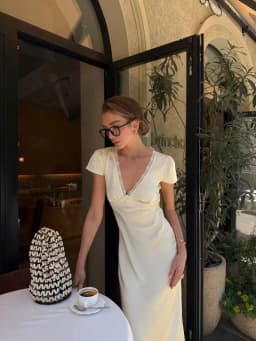 Chic Satin Lace Trim Midi Dress For Women Solid Patchwork Short Sleeve V-neck Summer Dresses 2026 Elegant Summer Holiday Gown