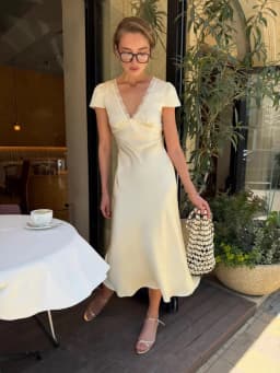 Chic Satin Lace Trim Midi Dress For Women Solid Patchwork Short Sleeve V-neck Summer Dresses 2026 Elegant Summer Holiday Gown