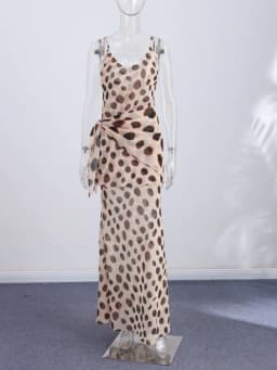 Stylish Women Animal Print Maxi Dress Chic Deep V Neck Spaghetti Straps Waist Tie Slim Fit Long Skirt Evening Party Club Outfit
