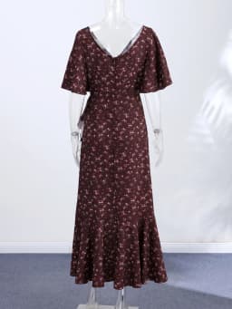 Fashion Printed Women's Dress Short Sleeve V-Neck Ruffle Waist-Closed Side Split Floral Dresses 2026 Summer Elegant Female Robe