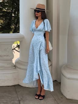 Fashion Printed Women's Dress Short Sleeve V-Neck Ruffle Waist-Closed Side Split Floral Dresses 2026 Summer Elegant Female Robe