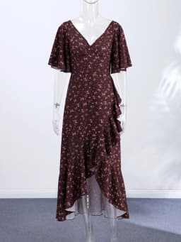 Fashion Printed Women's Dress Short Sleeve V-Neck Ruffle Waist-Closed Side Split Floral Dresses 2026 Summer Elegant Female Robe