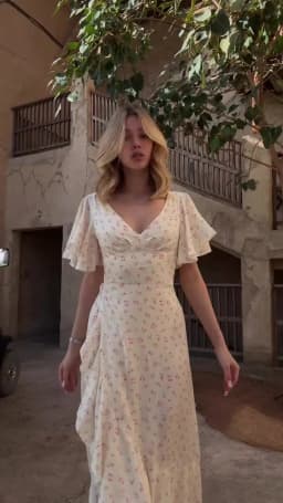 Fashion Printed Women's Dress Short Sleeve V-Neck Ruffle Waist-Closed Side Split Floral Dresses 2026 Summer Elegant Female Robe