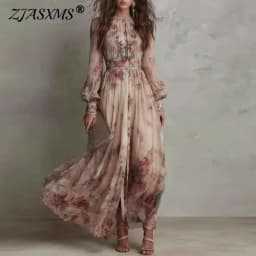 Vintage Floral Print High Waist Pleated Long Dress Woman Elegant O Neck Slim Party Dresses Spring Long Sleeve Boho Holiday Dress