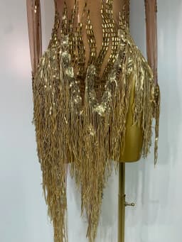 Sexy Stage Costume Sparkly Rhinestone Golden Tassel Mesh Dress Evening Party Luxury Birthday Nightclub Bar DJ Dancer Outfit