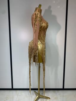 Sexy Stage Costume Sparkly Rhinestone Golden Tassel Mesh Dress Evening Party Luxury Birthday Nightclub Bar DJ Dancer Outfit