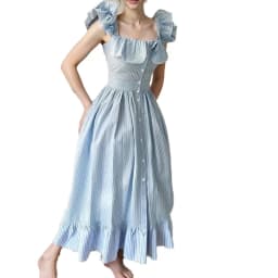 Flying Sleeves Striped Long Dresses Woman Elegant Single Breasted A-Line Robes Female Chic High Waist Summer Lady Robes Holiday
