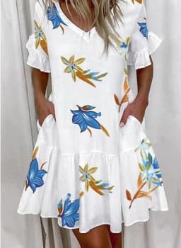 Women Summer Dress Casual V Neck Short Sleeve Butterfly Sleeve Floral Leaf Letter Print Mini Dresses Vestidos YSX9032