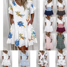 Women Summer Dress Casual V Neck Short Sleeve Butterfly Sleeve Floral Leaf Letter Print Mini Dresses Vestidos YSX9032