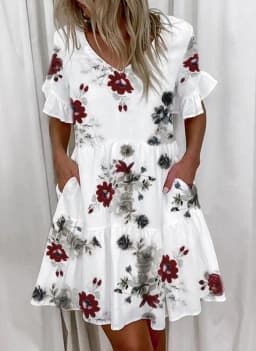 Women Summer Dress Casual V Neck Short Sleeve Butterfly Sleeve Floral Leaf Letter Print Mini Dresses Vestidos YSX9032