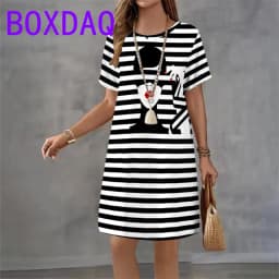 Classic Retro Striped Print Women Dresses Summer 2025 Casual Fashion Dress Short Sleeve O-Neck Loose A-Line Dress Women Sundress
