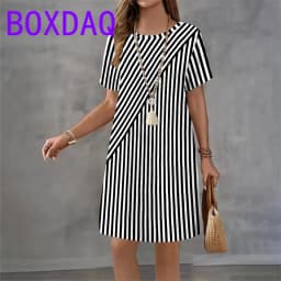 Classic Retro Striped Print Women Dresses Summer 2025 Casual Fashion Dress Short Sleeve O-Neck Loose A-Line Dress Women Sundress
