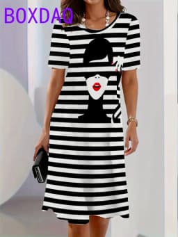 Classic Retro Striped Print Women Dresses Summer 2025 Casual Fashion Dress Short Sleeve O-Neck Loose A-Line Dress Women Sundress
