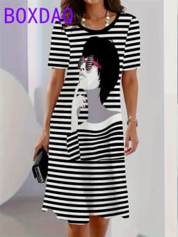 Classic Retro Striped Print Women Dresses Summer 2025 Casual Fashion Dress Short Sleeve O-Neck Loose A-Line Dress Women Sundress