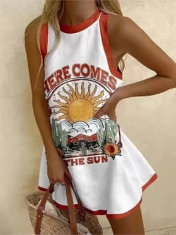 2025 Summer Casual print loose mini Dresses For Woman Fashion Beach Marine elements Dress o-neck Sleeveless party Dress