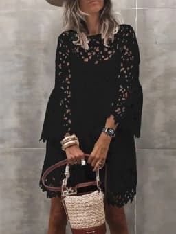 Autumn Women's Solid Color Dress Ethnic Style Sexy Lace Hollow Flower Temperament Elegant Casual Long Sleeved Knee Length Dress