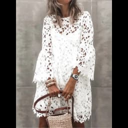 Autumn Women's Solid Color Dress Ethnic Style Sexy Lace Hollow Flower Temperament Elegant Casual Long Sleeved Knee Length Dress
