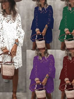 Autumn Women's Solid Color Dress Ethnic Style Sexy Lace Hollow Flower Temperament Elegant Casual Long Sleeved Knee Length Dress