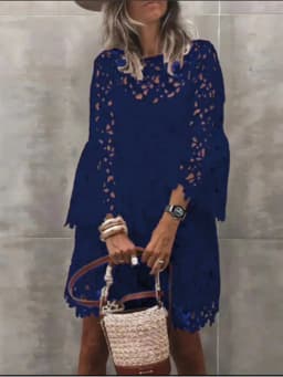 Autumn Women's Solid Color Dress Ethnic Style Sexy Lace Hollow Flower Temperament Elegant Casual Long Sleeved Knee Length Dress