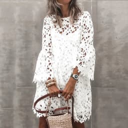 Autumn Women's Solid Color Dress Ethnic Style Sexy Lace Hollow Flower Temperament Elegant Casual Long Sleeved Knee Length Dress