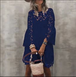 Autumn Women's Solid Color Dress Ethnic Style Sexy Lace Hollow Flower Temperament Elegant Casual Long Sleeved Knee Length Dress