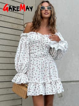 Women's Muslin Dress with Long Sleeves Elegant White Summer Dresses Cotton Beach Beautiful Sexy Short Mini Dress for Women