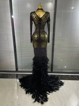 Black Red Women Long Sleeve Sexy Sparkly Crystal Mesh See Through Feathers Floor-length Mermaid Dress Evening Party Prom Outfit