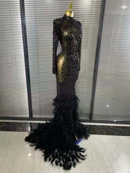 Black Red Women Long Sleeve Sexy Sparkly Crystal Mesh See Through Feathers Floor-length Mermaid Dress Evening Party Prom Outfit