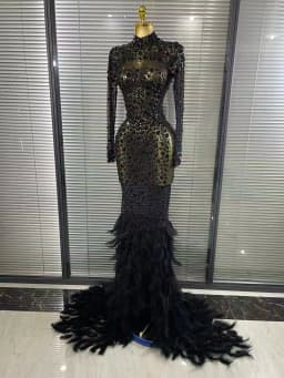 Black Red Women Long Sleeve Sexy Sparkly Crystal Mesh See Through Feathers Floor-length Mermaid Dress Evening Party Prom Outfit