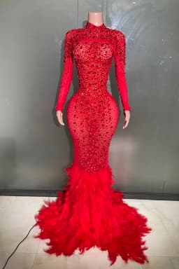 Black Red Women Long Sleeve Sexy Sparkly Crystal Mesh See Through Feathers Floor-length Mermaid Dress Evening Party Prom Outfit