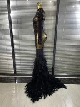 Black Red Women Long Sleeve Sexy Sparkly Crystal Mesh See Through Feathers Floor-length Mermaid Dress Evening Party Prom Outfit