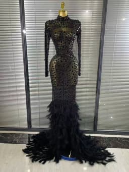 Black Red Women Long Sleeve Sexy Sparkly Crystal Mesh See Through Feathers Floor-length Mermaid Dress Evening Party Prom Outfit