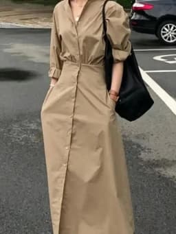 Modigirl Women Casual Long Shirts Dresses 2025 Summer Spring Clothes Khaki Puff Sleeves Botton Simple Maxi Dresses for Women