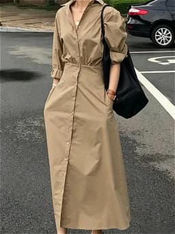Modigirl Women Casual Long Shirts Dresses 2025 Summer Spring Clothes Khaki Puff Sleeves Botton Simple Maxi Dresses for Women