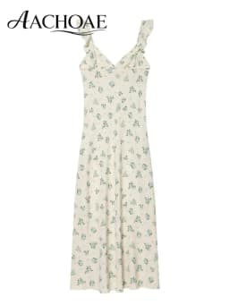 AACHOAE Women Floral Print Maxi Dress Ruffle Strap Sleeveless Summer Dress Vintage Boho Long Dress Elegant Beach Sundress